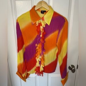 Vintage Y2K Multicolor Plisse Pleated Long Sleeve Blouse Womens Size Large